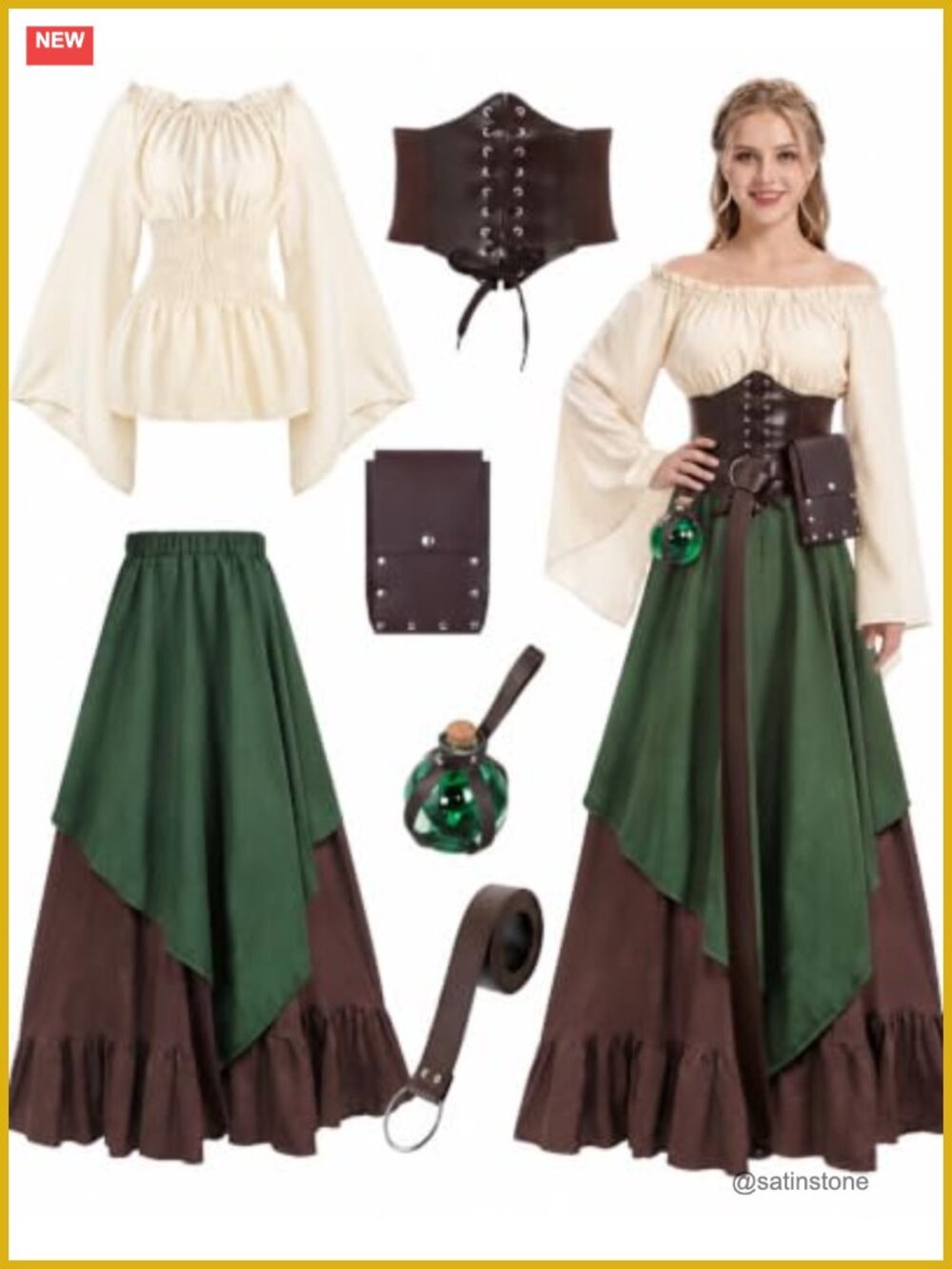 Women Renaissance Costume Dress Medieval Corset Belt Pouch Potion Bottle Set